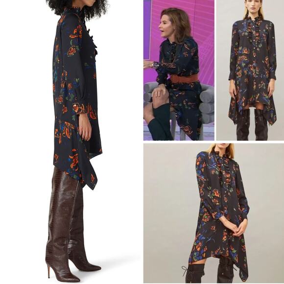 NEW TORY BURCH DRESS BLACK CORA FLORAL RUFFLE ASYMMETRICAL CREPE PLEATED SHORT - Picture 3 of 15